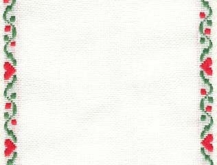 Fanciful Hearts Antique White/Green & Red. 27 count Linen.  17" x  4.5"