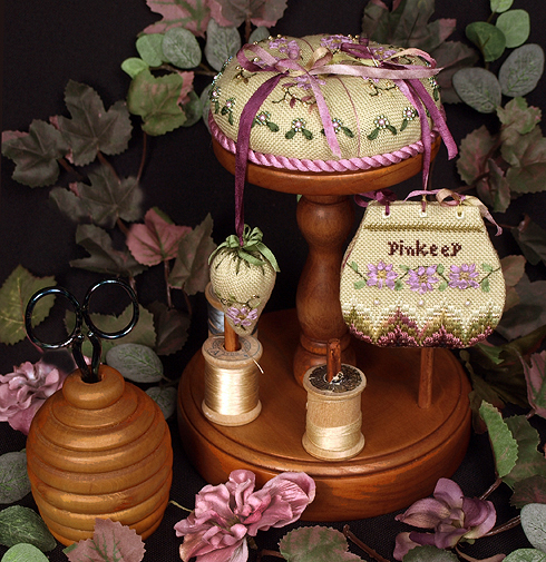 205 Victorian Pincushion- Antique Spool Pincushion, Pinkeep & Strawberry Emery Fob - by The Victoria Sampler